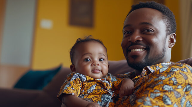 Portrait of happy african dad, father and baby bonding and smiling together, sitting in a sofa. Beautiful photo, poster for father’s day. Happy family. Young man with child, daughter or son. - Powered by Adobe
