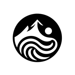 Mountain, Wave, and Sun Logo - Minimalist Black & White Symbol