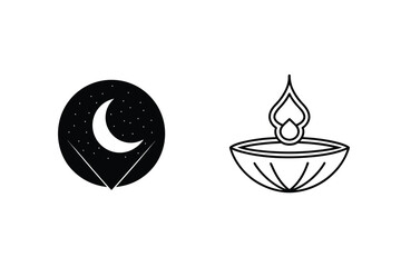 Diwali Symbols Moon With Stars And Decorative Oil Lamp Outline Design