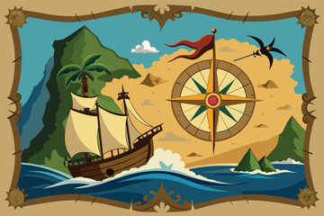 Illustration of a vintage-style pirate map featuring a compass, a ship navigating the ocean, and a tropical island.