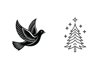 Elegant Christmas Illustration With Flying Bird And Decorated Tree Symbol Set