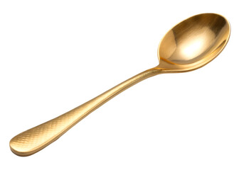 Minimalistic golden spoon with smooth matte metallic finish and elegant curves, luxury cutlery for upscale dining or kitchen decor, isolated on transparent background. 