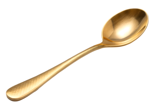 Minimalistic golden spoon with smooth matte metallic finish and elegant curves, luxury cutlery for upscale dining or kitchen decor, isolated on transparent background. 