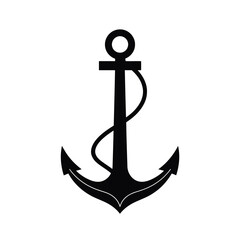A black vector silhouette anchor logo icon on a white background. Geometric shapes and clean lines ensure a balanced, symmetrical and visually clear minimal design for a nautical or marine brand