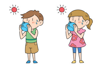 水分補給をする子どものイラストセット