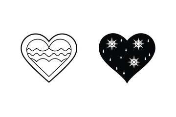 Two Hearts Wave Pattern And Snowflakes Monochrome Black And White Vector Art
