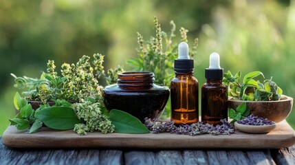 Herbal remedies and essential oils on a wooden board.  Fresh herbs,  dark bottles, and wooden bowls