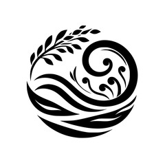 Black & White Floral Abstract Design in a Circle, Minimalist Logo