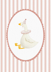Cute goose illustration for a girl, featuring a festive hat and collar. This beige poster with an oval frame showcases a farm bird in a watercolor cottagecore style, perfect for kids' textile and