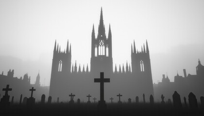 Naklejka premium Mysterious Gothic Cathedral Silhouette Amidst Fog and Tombstones