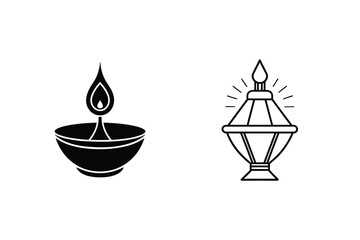 Diwali Lamp Oil Lamp And Lantern Icon Set Vector Illustration