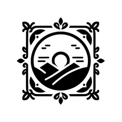 Minimalist Landscape Emblem with Decorative Frame, Black and White