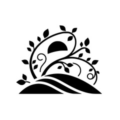 Abstract Nature Icon: Black & White Vine, Leaves, & Sunrise