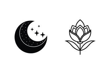 Minimalist Moon And Starry Night With Lotus Flower Black And White Icon