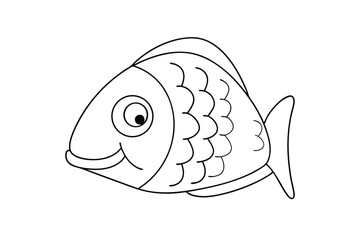 Simple black and white cartoon fish illustration for coloring books and childrens learning resources