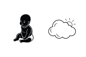 Black Silhouette Of Baby And Cloud With Sun Shape Isolated On White