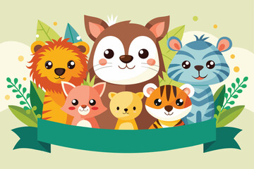 Fototapeta premium Adorable cartoon animals including lion, fox, and tiger in a whimsical jungle-themed illustration with a blank banner for text.