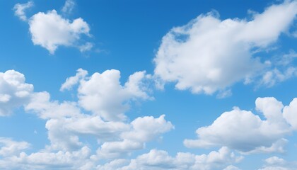 Clear blue sky filled with soft, fluffy white clouds floating gently, creating a bright and peaceful atmosphere on a sunny day with natural daylight