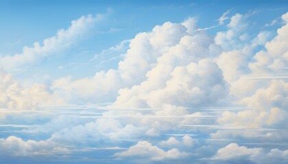 Clear blue sky with fluffy white clouds illuminated by bright sunlight, creating a fresh and peaceful atmosphere high above the earth on a sunny day
