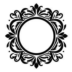 Elegant Black Floral Frame, Decorative Circle Border on White Background