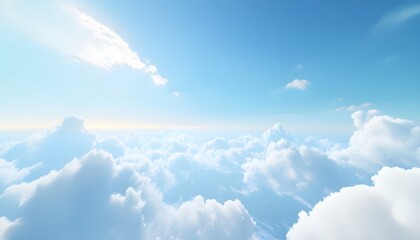 Clear blue sky with fluffy white clouds illuminated by bright sunlight, creating a fresh and peaceful atmosphere high above the earth on a sunny day