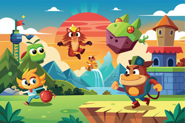 Vibrant cartoon characters embark on an exciting adventure in a whimsical landscape at sunset. Colorful scenery and playful elements create a fun and engaging atmosphere.