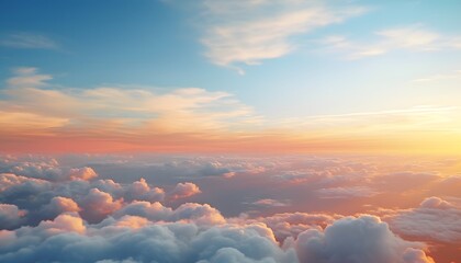 Beautiful sunset scene showing a vast sky filled with soft fluffy clouds illuminated by warm orange and pink sunlight, creating a peaceful and glowing atmosphere above the horizon