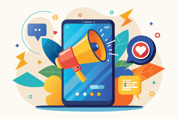 Colorful illustration of digital marketing featuring a smartphone, megaphone, and social media icons depicting communication and promotion strategies.