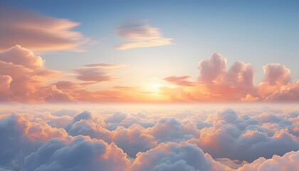 Beautiful sunset scene showing a vast sky filled with soft fluffy clouds illuminated by warm orange and pink sunlight, creating a peaceful and glowing atmosphere above the horizon