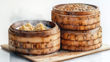 Steaming bamboo baskets filled with dumplings on a wooden board, with a soft mist in the background