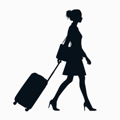 Woman silhouette walking with rolling suitcase in travel-ready business casual style on plain background