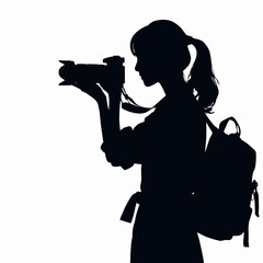 Woman silhouette taking photo with camera in photographer chic style on plain background
