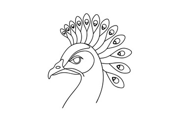Elegant peacock head profile outline illustration stylish bird with crest decorative design single line drawing