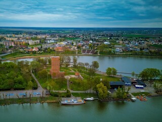 Fototapeta premium Aerial view of Mouse Tower and Goplo Lake in Kruszwica, Poland.