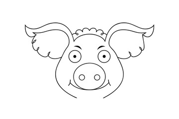 Black and white line art illustration of pig face animal icon with large ears smiling