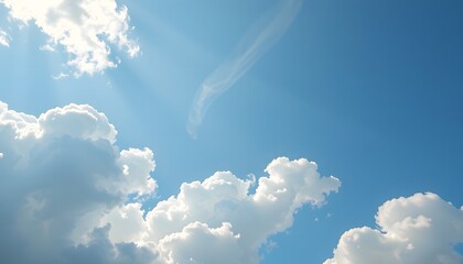 Clear blue sky filled with soft, fluffy white clouds floating gently, creating a bright and peaceful atmosphere on a sunny day with natural daylight