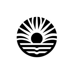 Minimalist Sun and Ocean Logo: Black and White Vector Design