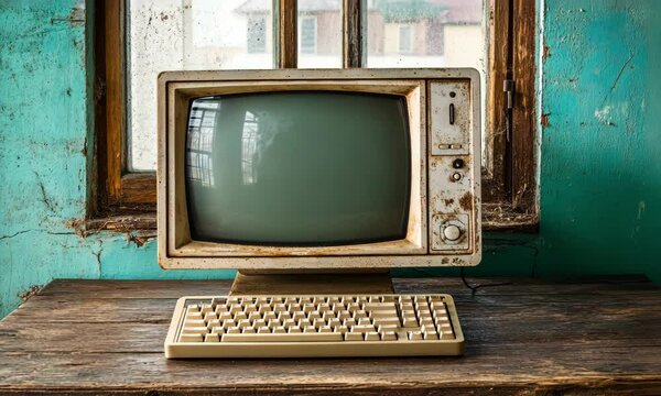 Soft Ambient Light Illuminates Dusty Retro CRT Monitor and Keyboard in HDR Deep Focus Created with Generative AI Technology