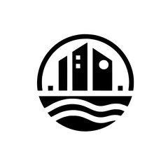 Minimalist Waterfront Cityscape Logo, Black & White Circle