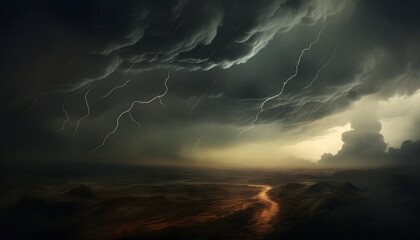 Powerful storm clouds gathering with visible lightning bolts striking above a vast open field during a colorful sunset, creating intense and dramatic natural weather scene
