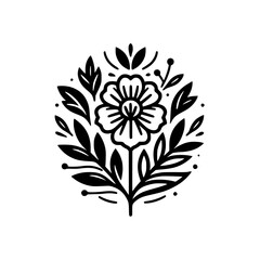 Botanical Floral Emblem, Minimalist Black & White, Nature Illustration, Logo Design