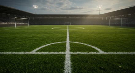 Empty Soccer Field with Green Grass and White Lines Stadium View