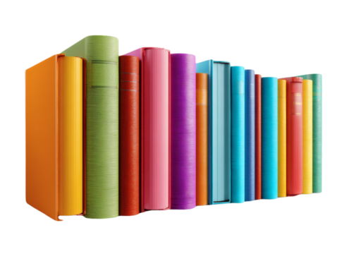 Row of colorful book spines on transparent background
