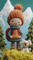 Crocheted doll with a backpack and a small dog in a forest setting
