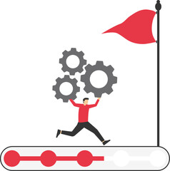 Focus on the mission to the goal. Businessman with cogs running on progress bar stock illustration

