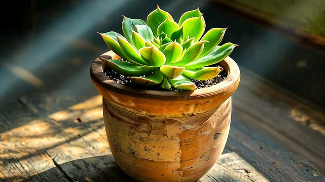Succulent plant in terracotta pot, sunlit