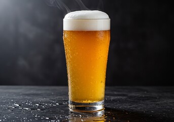 Cold Beer Steaming Freshly Poured Dark Background. AI Generated