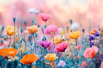 A vibrant field of colorful poppies and wildflowers blooming in the soft, dreamy light of a summer afternoon, showcasing a pastel palette.