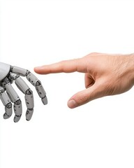 Fototapeta premium Finger touch position human. A human hand gently reaches out to touch a robotic hand, symbolizing the connection between humans and technology.