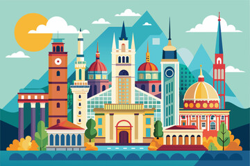 Naklejka premium Vibrant illustration showcasing a collection of iconic city buildings and architectural landmarks in a colorful style. Perfect for travel, culture, and urban design themes.